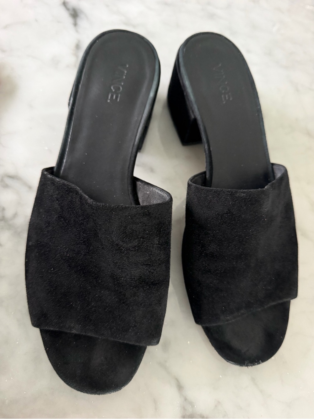 Vince Black Suede Open-Toe Block Heel Slides